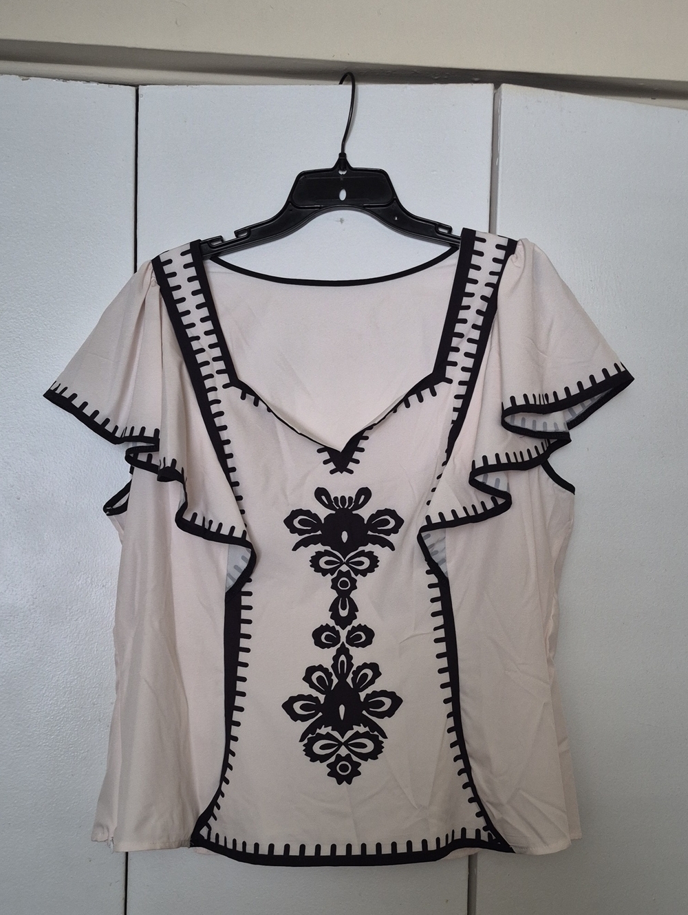 Embroidered V-Neck Flutter Sleeve Top - Cream with Black Trim